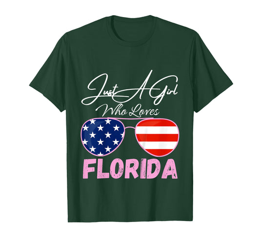 Kids Florida Just A Girl Who Loves Florida Sunglasses USA Flag T-Shirt