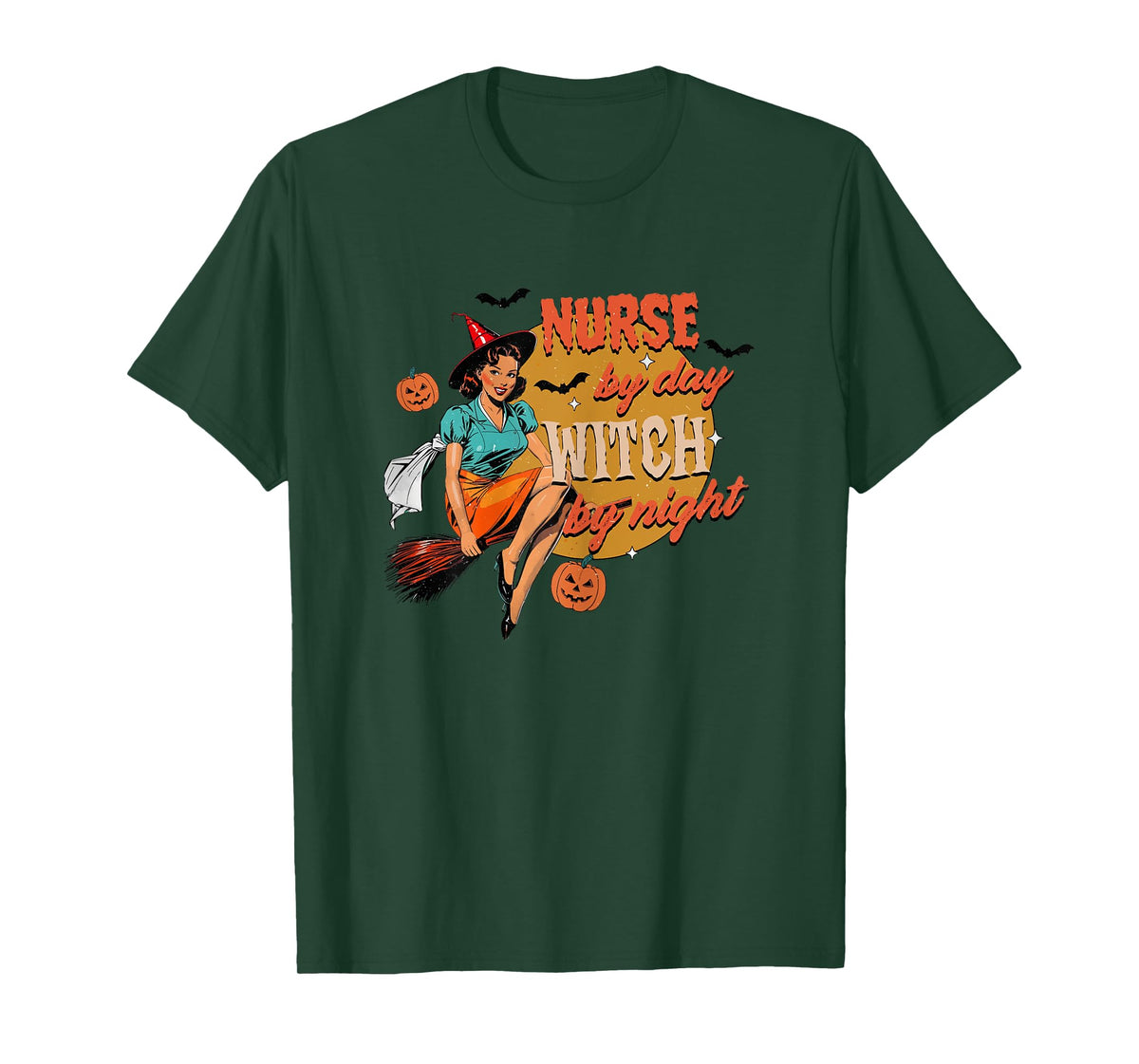 Nurse By Day Witch By Night Funny Witch Halloween Vintage T-Shirt