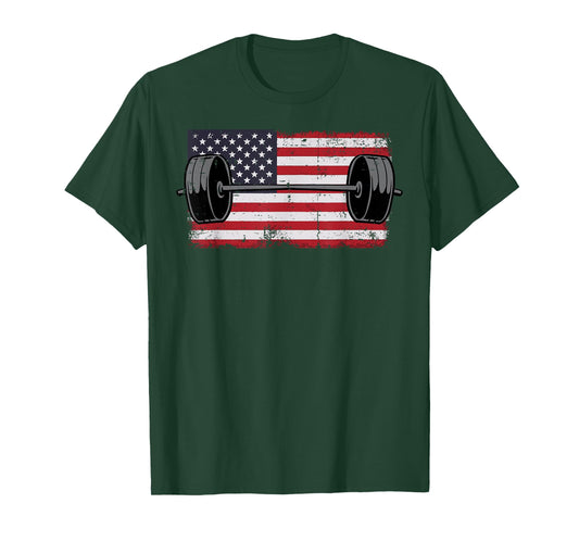 Gym Barbell US Flag Workout Deadlift Weightlift Men Women T-Shirt