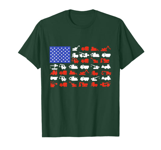 Construction Vehicles USA American Flag Excavator Trucks T-Shirt