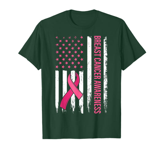 Warrior Survivor Breast Cancer Awareness Pink Ribbon US Flag T-Shirt