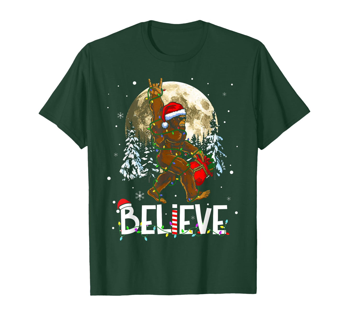 Funny Christmas Xmas Bigfoot Believe Sasquatch in Moon Light T-Shirt