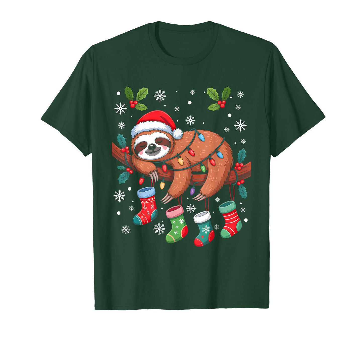 Funny Christmas Sloth Santa Hat Lights Family Xmas Pajamas T-Shirt