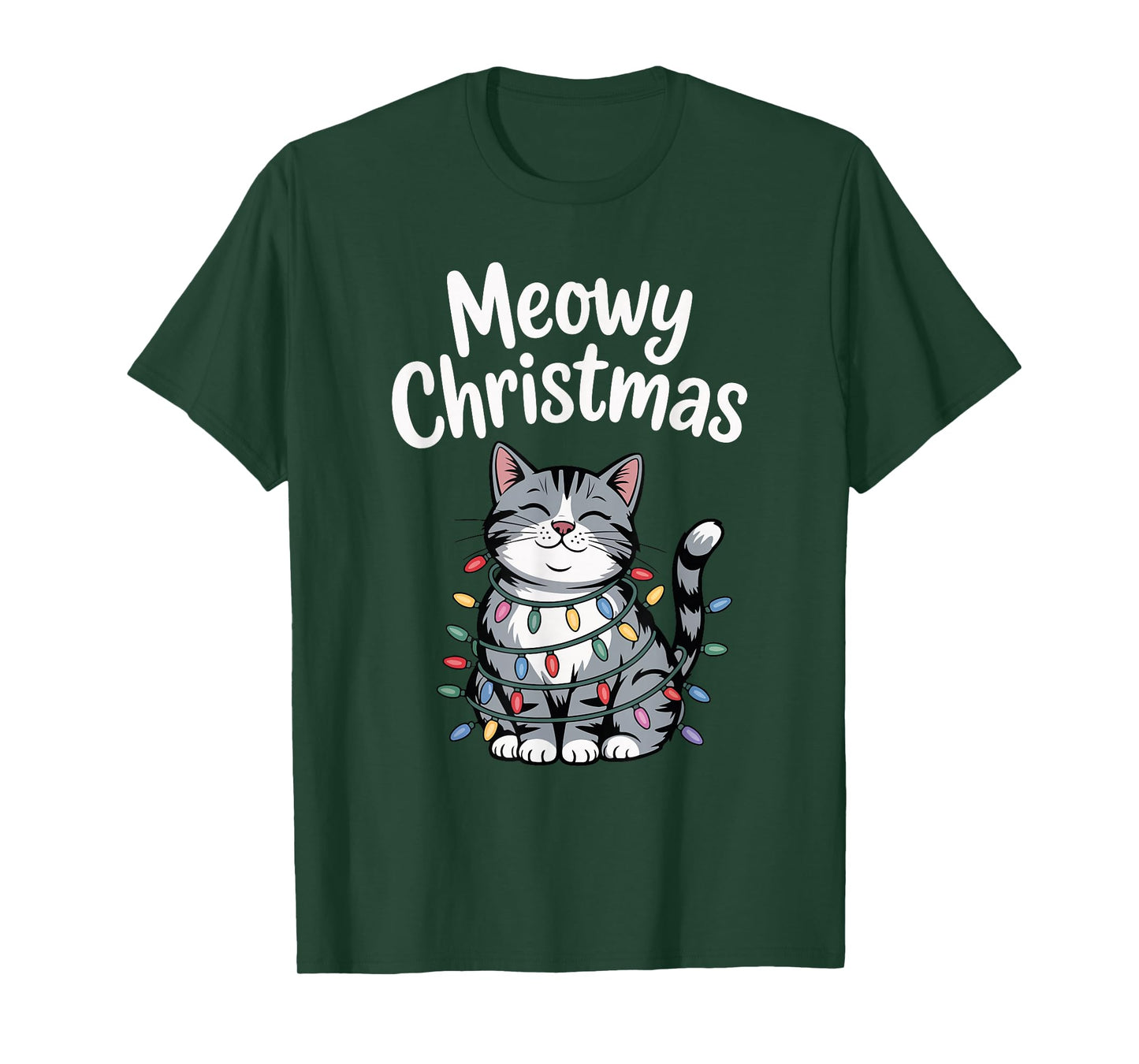 Meowy Christmas Cute Gray Tabby Cat Holiday Lights T-Shirt