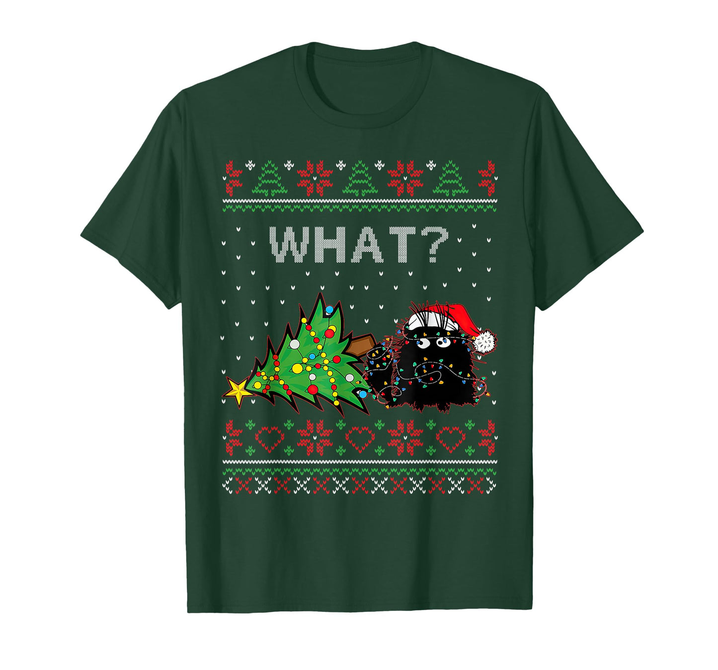 Funny Black Cat Gift Pushing Christmas Tree Over Cat What? T-Shirt