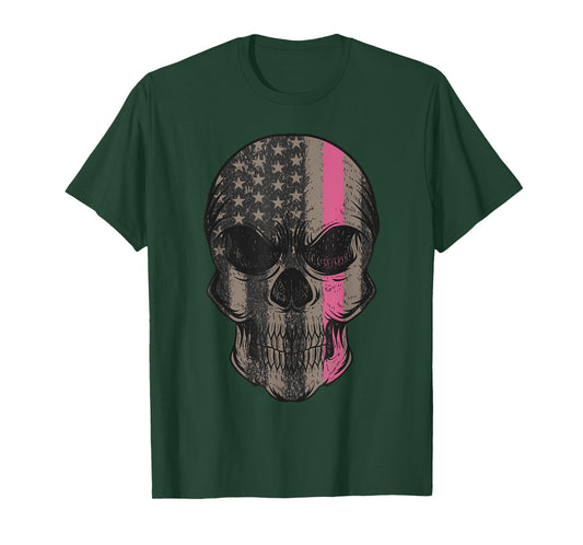 Thin Pink Line Breast Cancer Awareness American Flag Skull Women Men T-Shirt