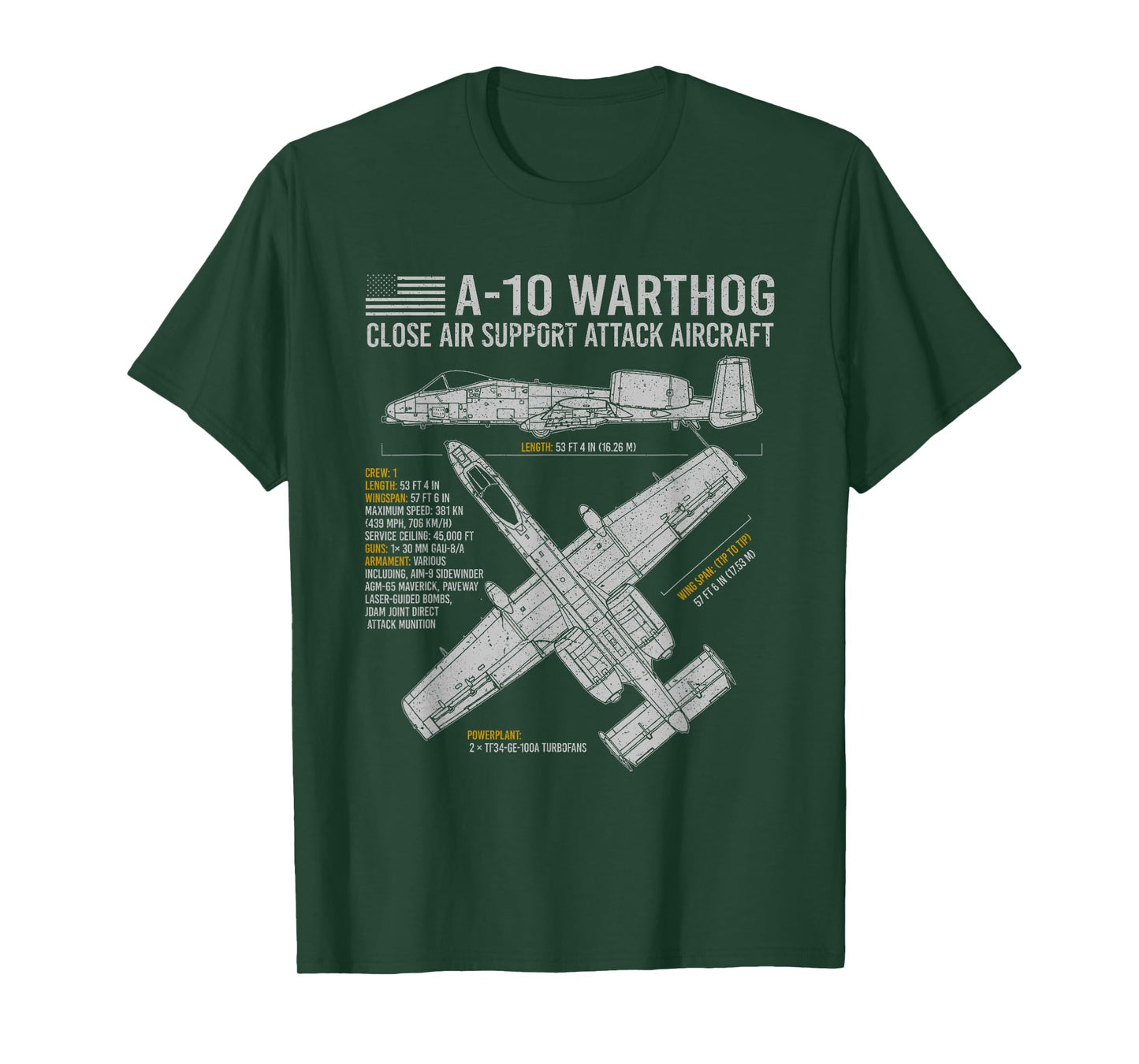 Aviation Geeks Store A-10 Warthog Thunderbolt II Aircraft Airplane Blueprint Fact T-Shirt