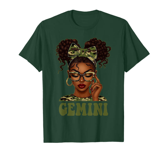 Gemini Queen Black Girl Camouflage Bow It's My Birthday T-Shirt