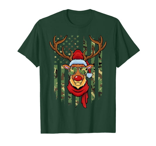 Patriotic Reindeer Camo American Flag Veteran Christmas T-Shirt