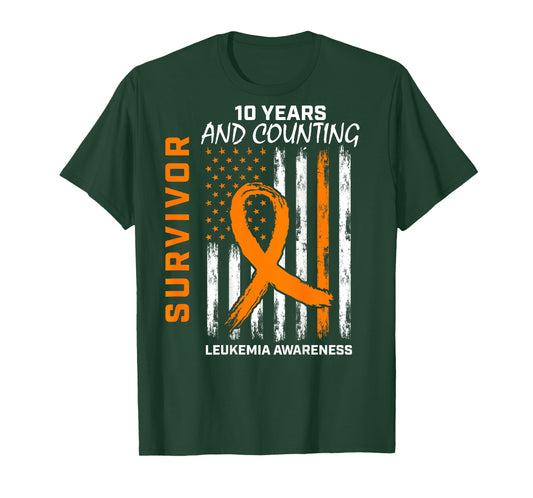 10 Year Cancer Survivor Leukemia Awareness American Flag T-Shirt