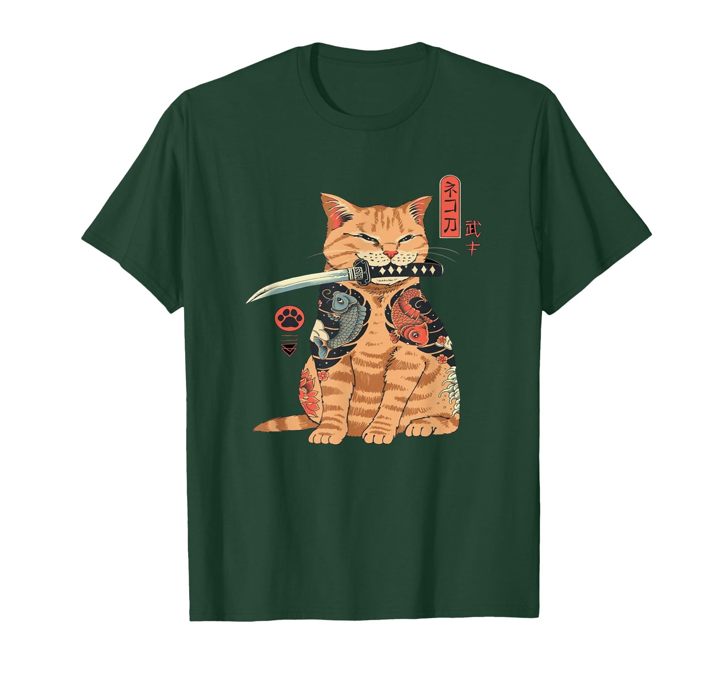 Alexamerch Cats Japanese Samurai Ninja Cat Kawaii Tattoo Graphic T-Shirt - Kids, Anime Fans, Casual Wear Lovers - Unisex - Black - Small - Short Sleeve - Classic Fit - Cotton, Polyester
