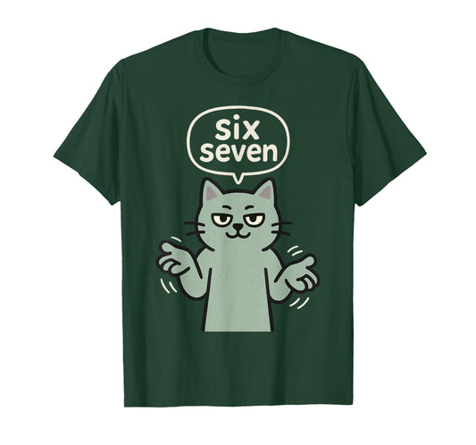 67 Six Seven 6-7 Green Cat - Funny Kids Gaming Brainrot Meme T-Shirt