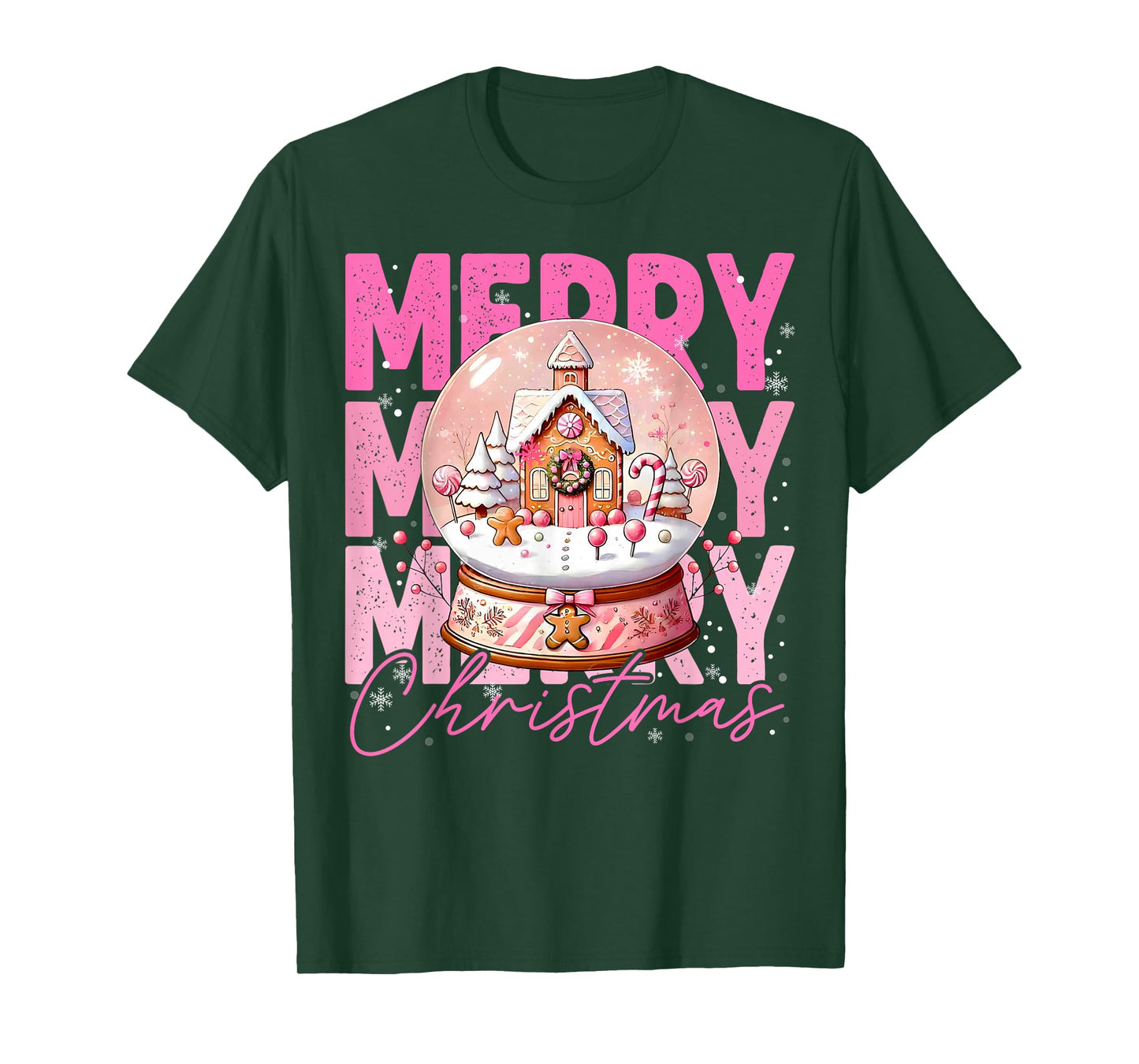 Cute Merry Christmas Snow Globe Pink Gingerbread House Xmas T-Shirt