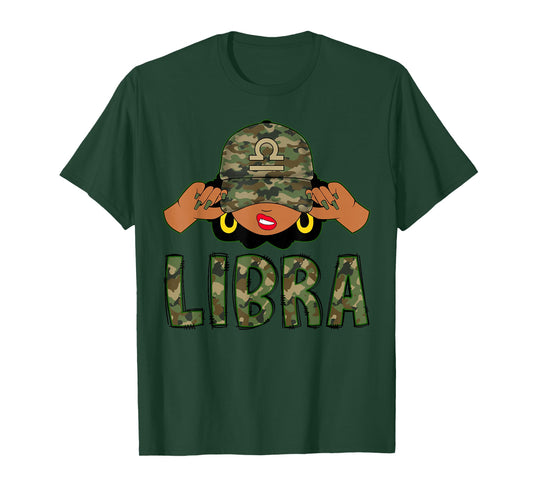 Libra Queen Black Woman With Camo Cap Afro Girl Zodiac T-Shirt