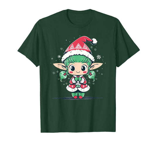 Cute Christmas Elf in Santa Claus Hat Little Girl Graphic T-Shirt