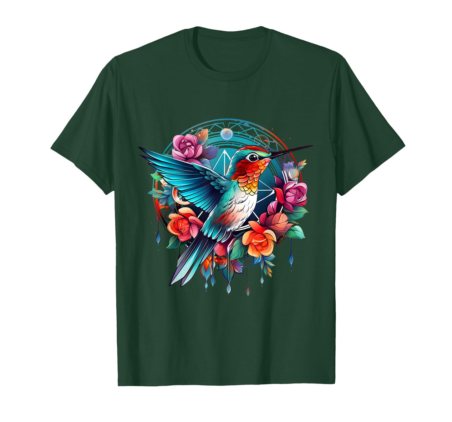 SoulVibes Creations Dream Harmony : Vibrant Dream Catcher with Hummingbird Motif T-Shirt, Small
