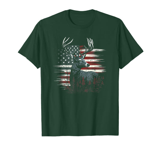 Deer Hunting American Flag Whitetail Buck Antlers T-Shirt