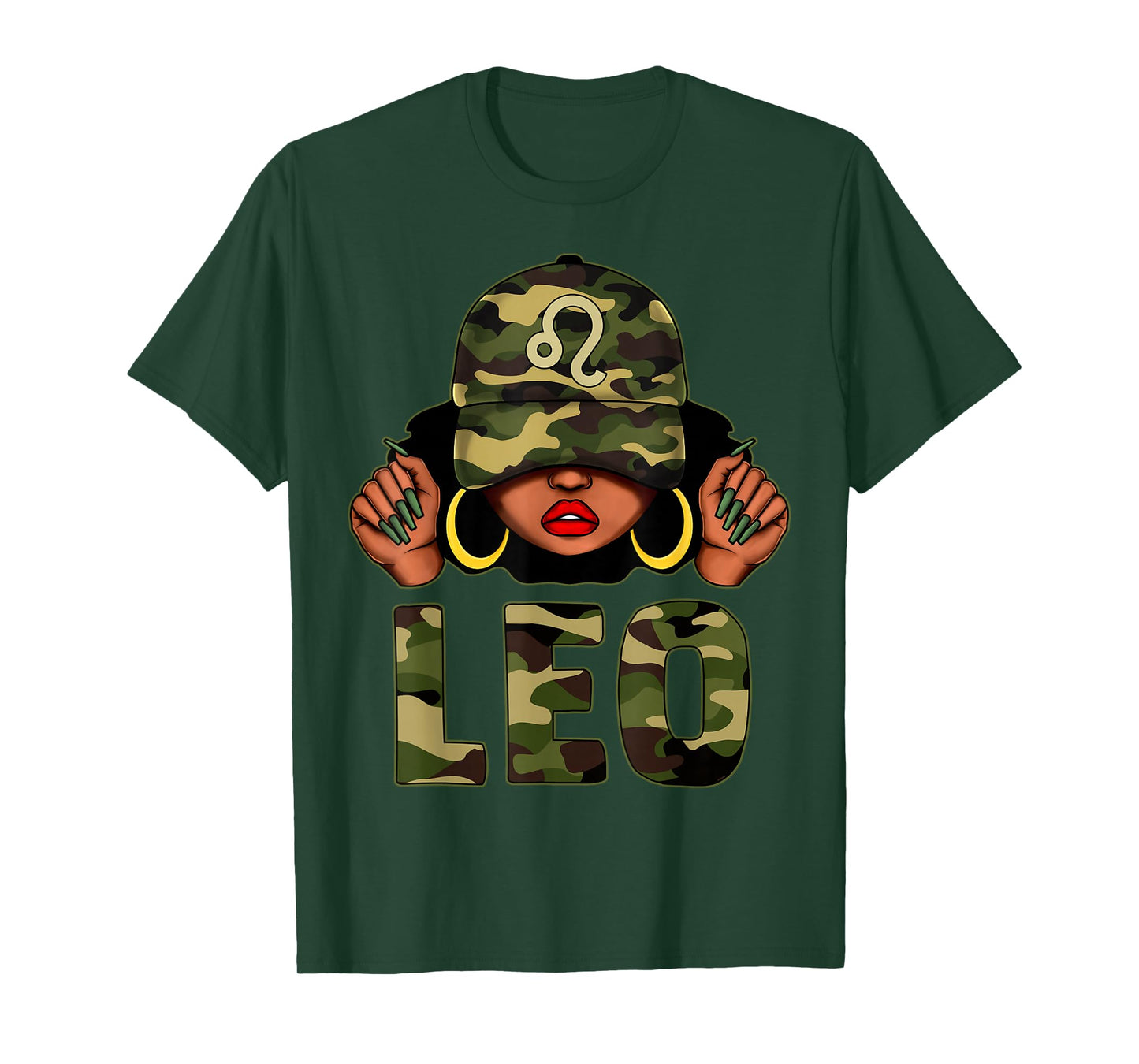 Leo Queen Black Woman with Cap Camo Afro Girl Zodiac T-Shirt