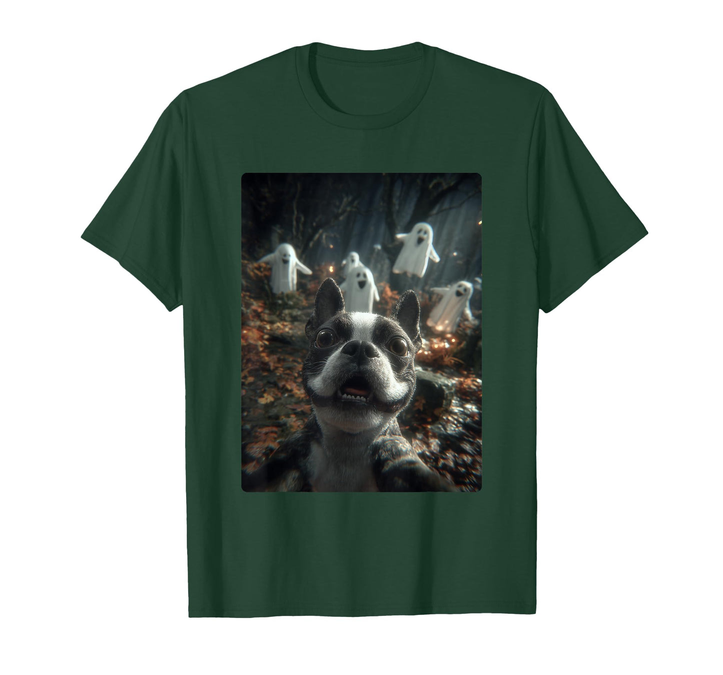 Boston Terrier Selfie Ghosts Haunted Forest Halloween Dog T-Shirt