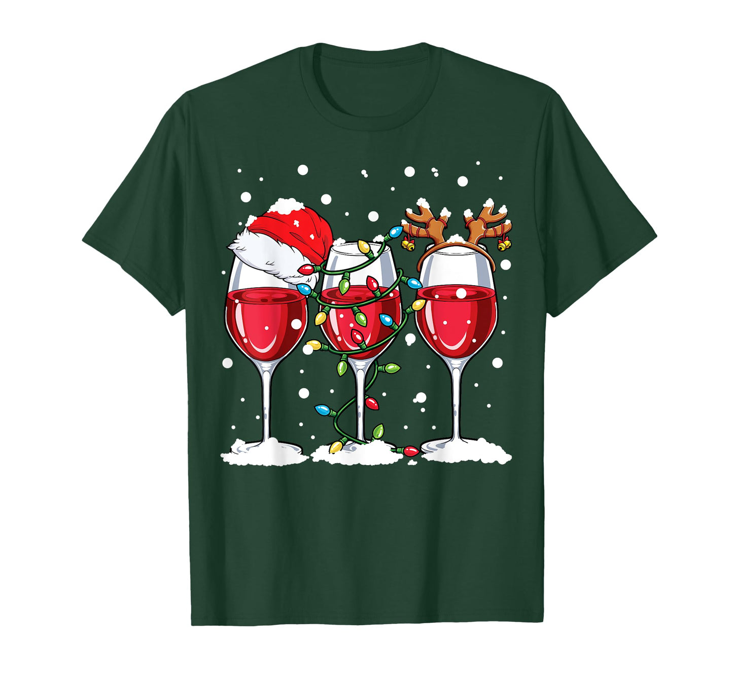 Wine Christmas Santa Hat Xmas Lights Reindeer Antlers Women T-Shirt