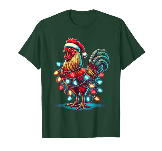 Chicken Santa Hat Christmas Lights Farmer Xmas T-Shirt