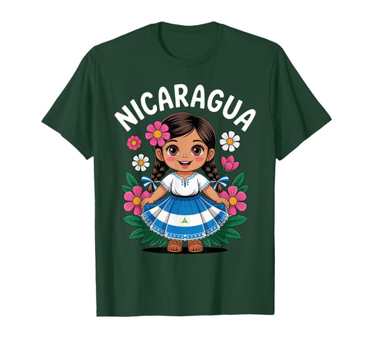Cute Nicaragua Girl Traditional Dress with Flag Art for Kids T-Shirt
