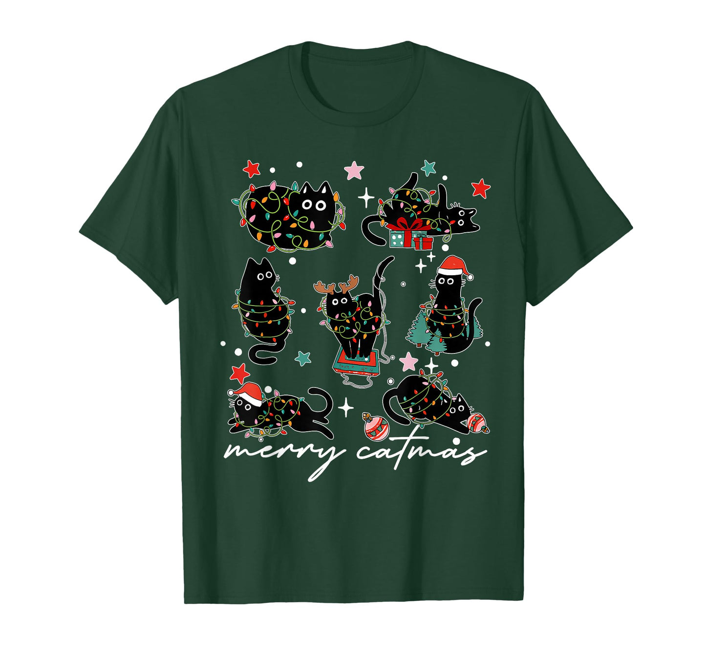 Cat Christmas Light Reindeer Santa Christmas Cat Lover T-Shirt
