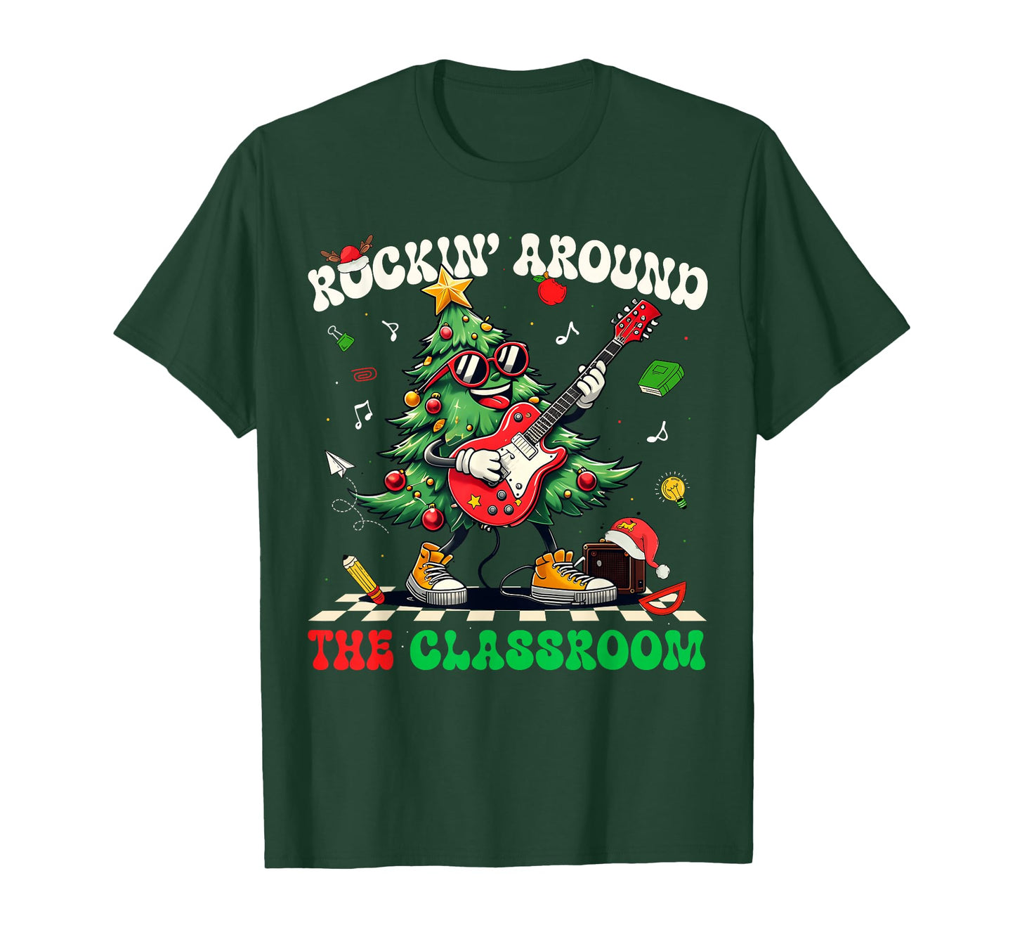 Teacher Christmas Rockin' Around The Classroom Retro Groovy T-Shirt