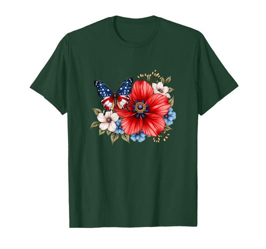 Butterfly Flowers American Flag 4th of July Women Girls T-Shirt