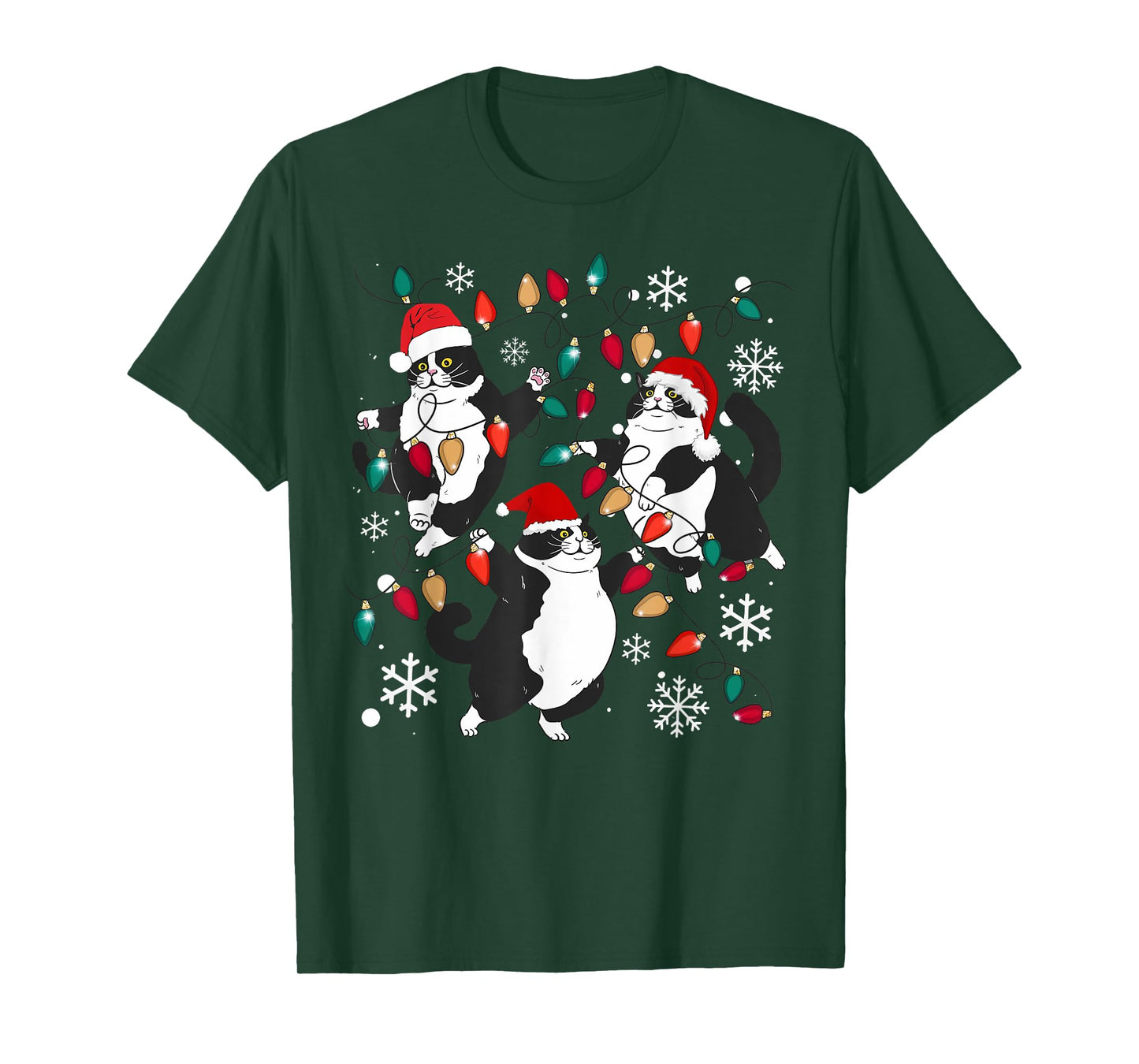 Tuxedo Cat Christmas Lights Meow Santa Xmas Pajama Cat Lover T-Shirt for Men Women Kids
