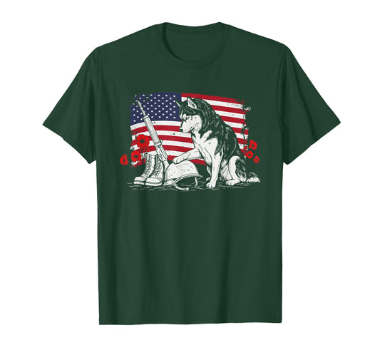 Siberian Husky American USA Flag Memorial Day 4th of July T-Shirt