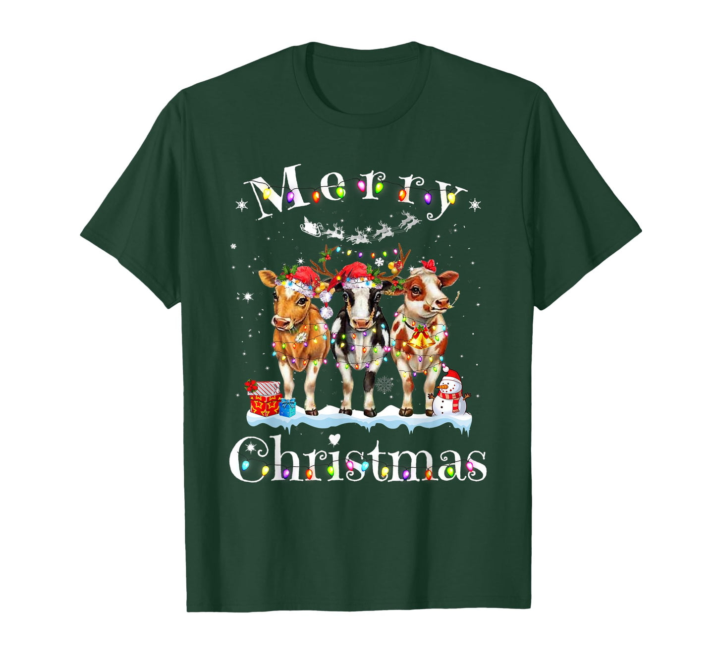 Cow Reindeer Hat Santa Christmas Lights Funny Cow Christmas T-Shirt