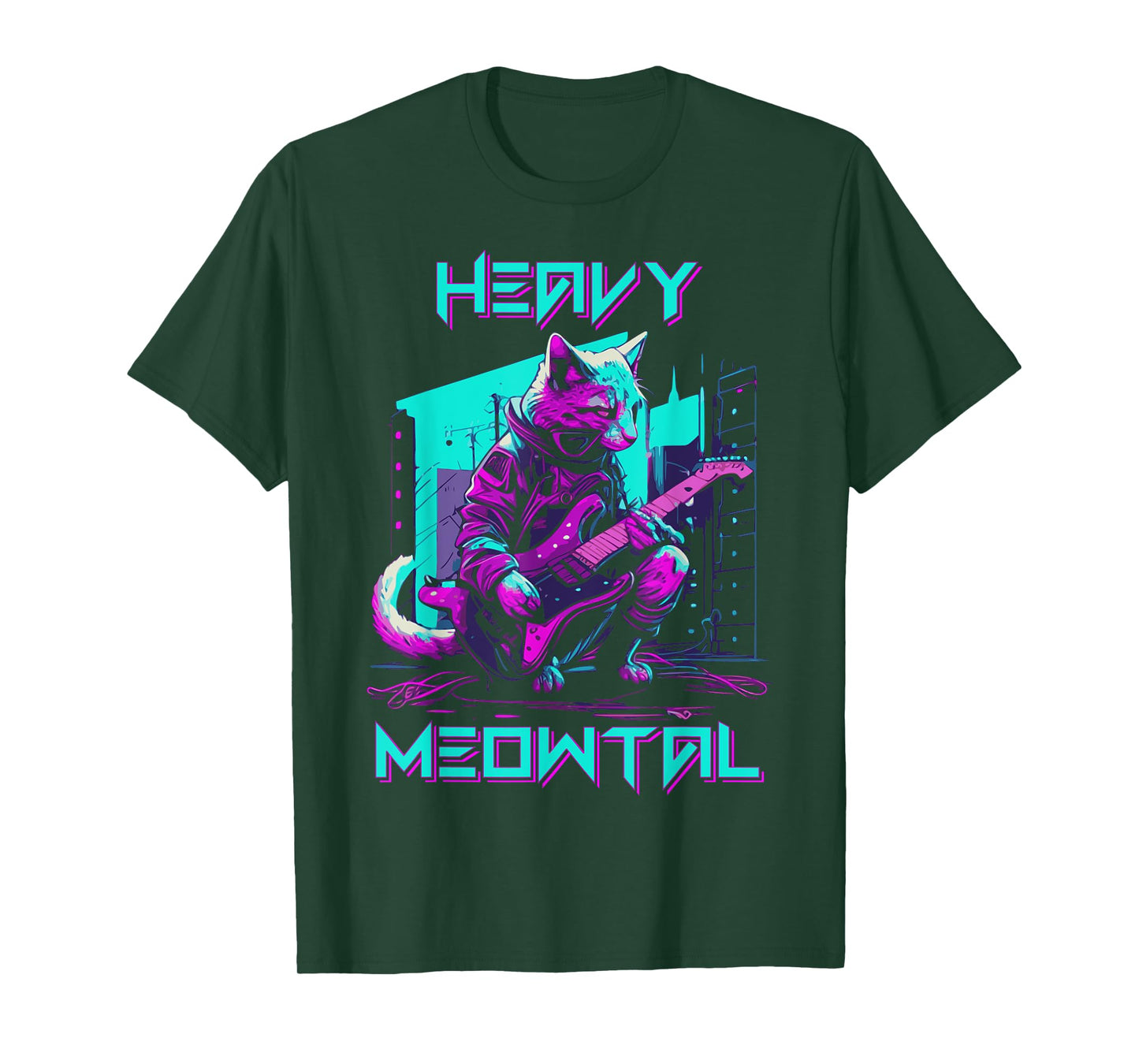 Vaporwave 80s Cat Playing Guitar Cyberpunk Meowtal T-Shirt