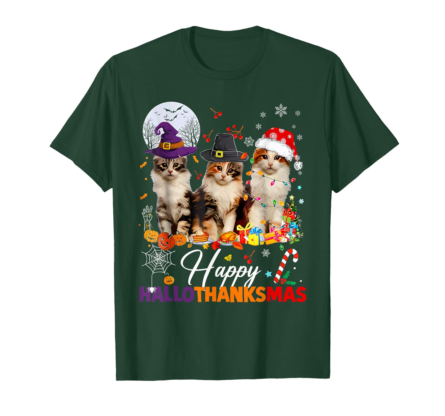 Happy Hallothanksmas Cute Cats Halloween Thanksgiving Xmas T-Shirt