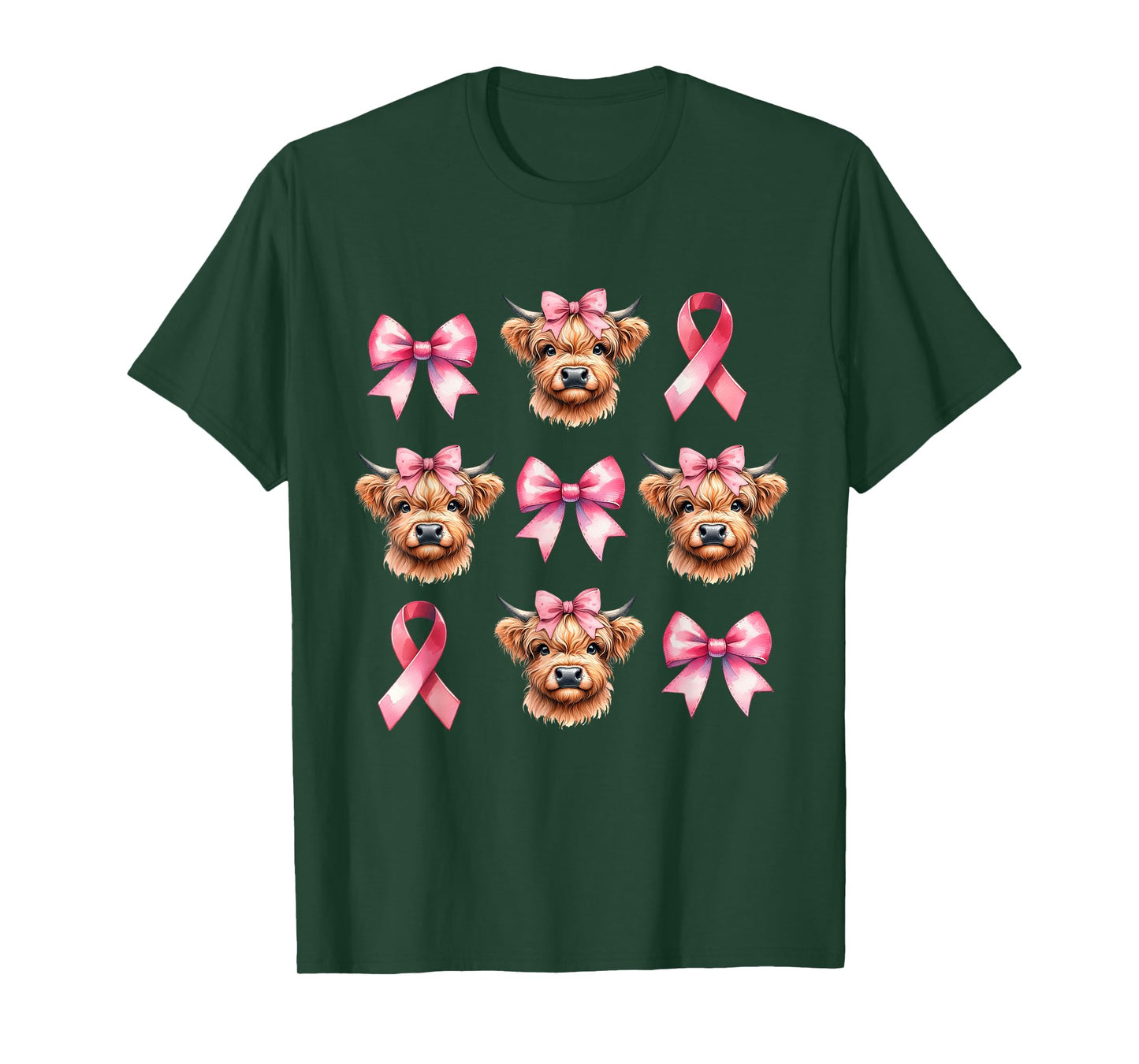 Coquette Bow Pink Ribbon Highland Cow Pink Breast Cancer T-Shirt