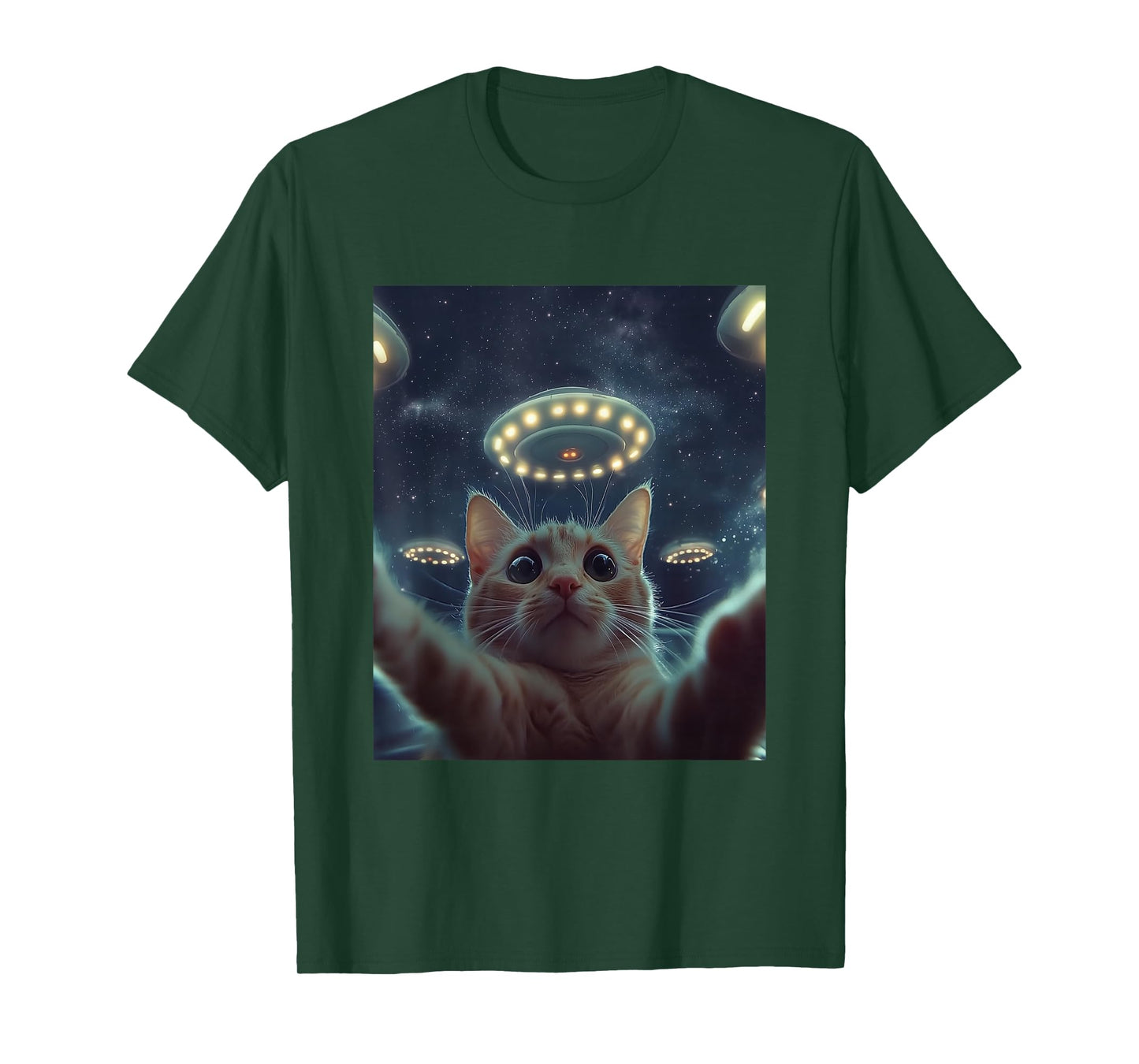 Cat Selfie with UFOs Aliens Kitten Funny Graphic T-Shirt