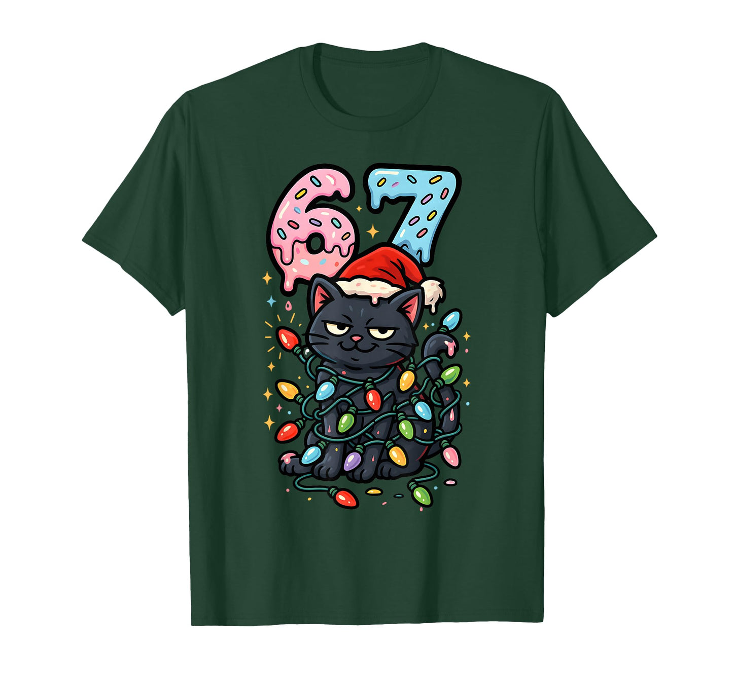67 Black Cat Christmas Ice Cream Drip Santa Hat Six Seven T-Shirt
