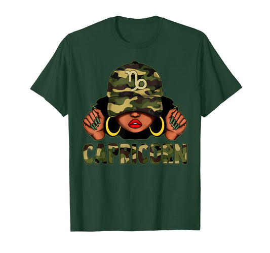 Capricorn Queen Black Woman With Cap Camo Afro Girl Zodiac T-Shirt