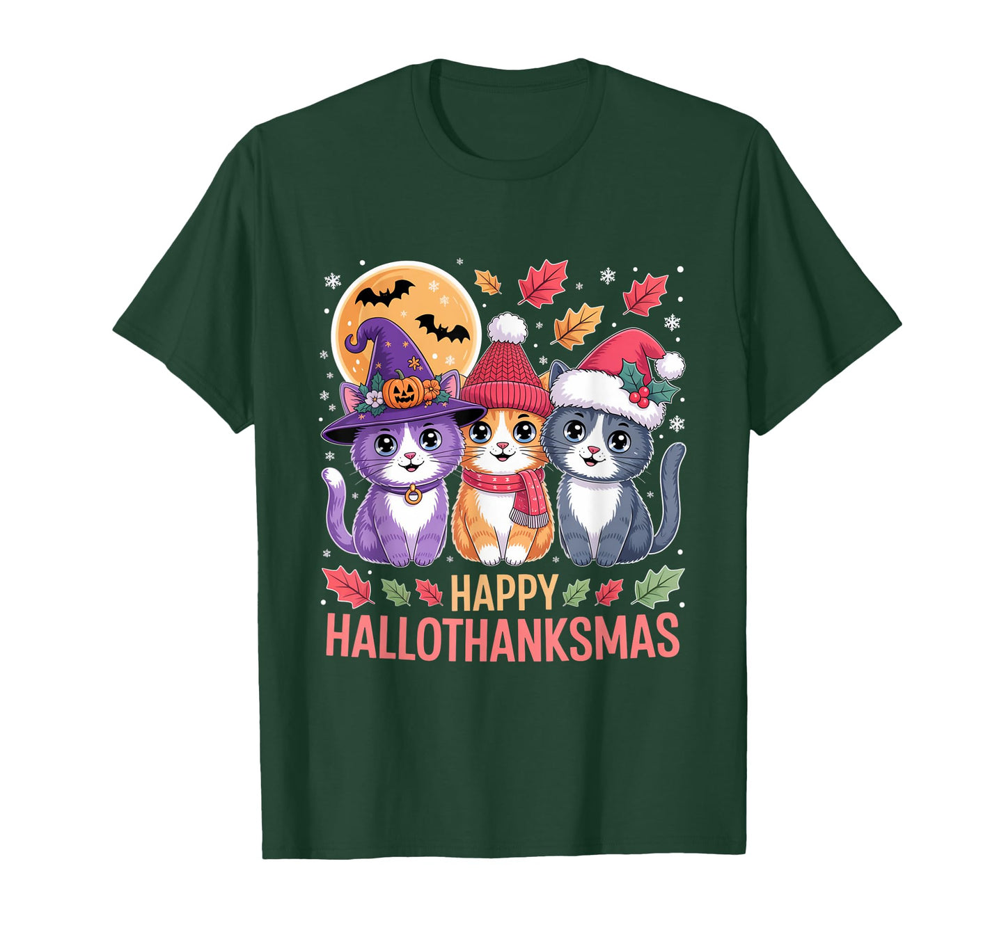 Halloween Cats Thanksgiving Christmas Happy HalloThanksMas T-Shirt
