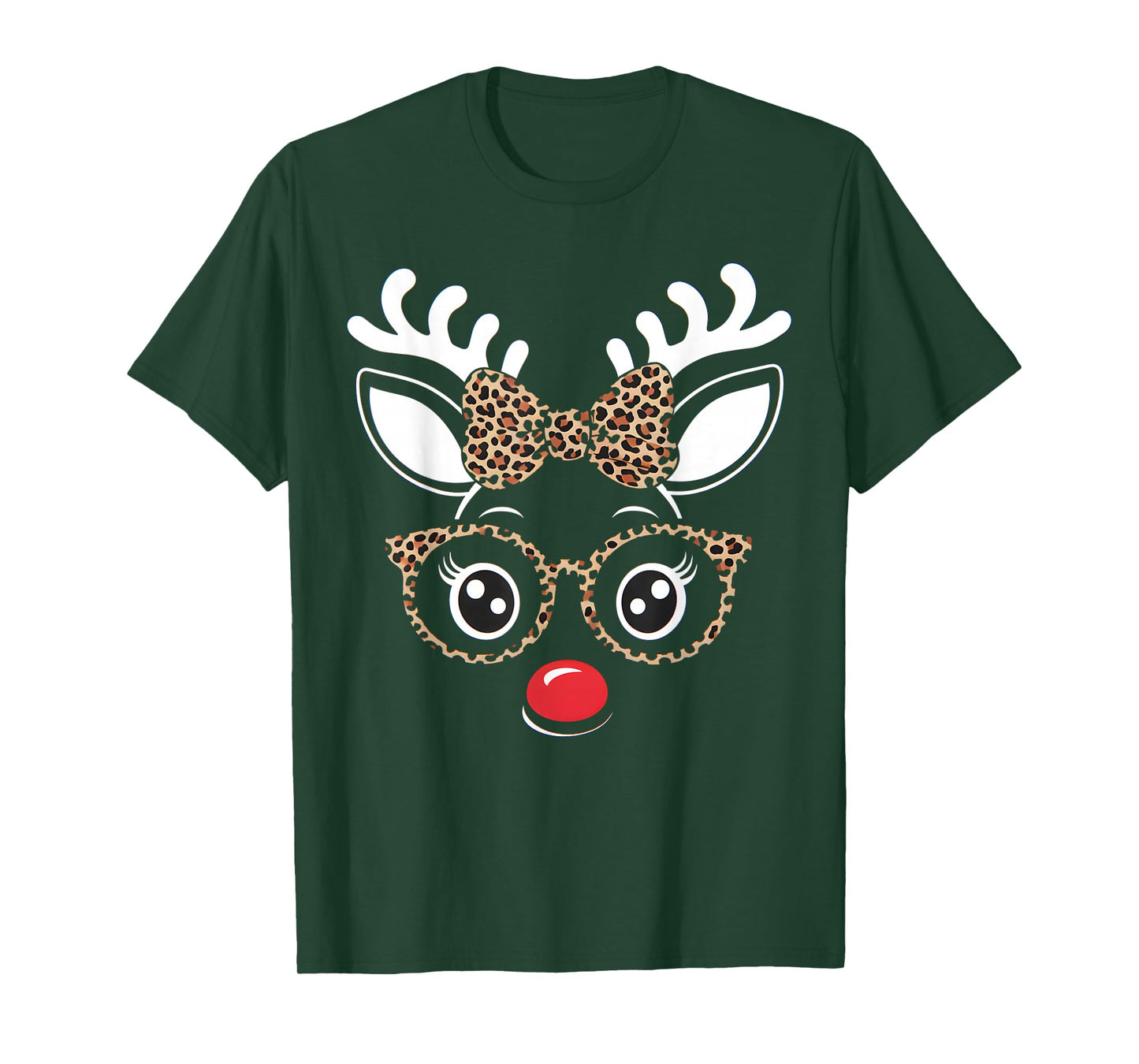 Christmas Reindeer Face Leopard Print Glasses Women Girls T-Shirt