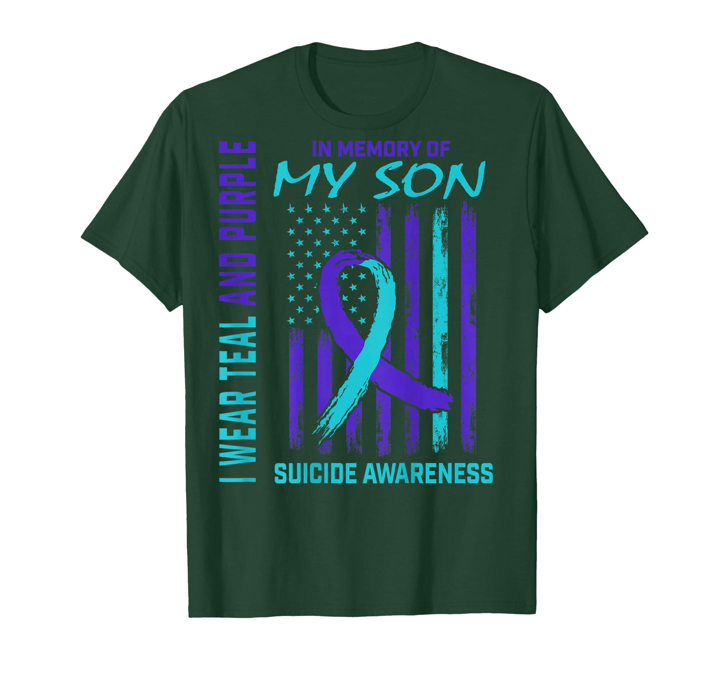 Teal Purple Ribbon Suicide Awareness USA Flag Son Back Print T-Shirt