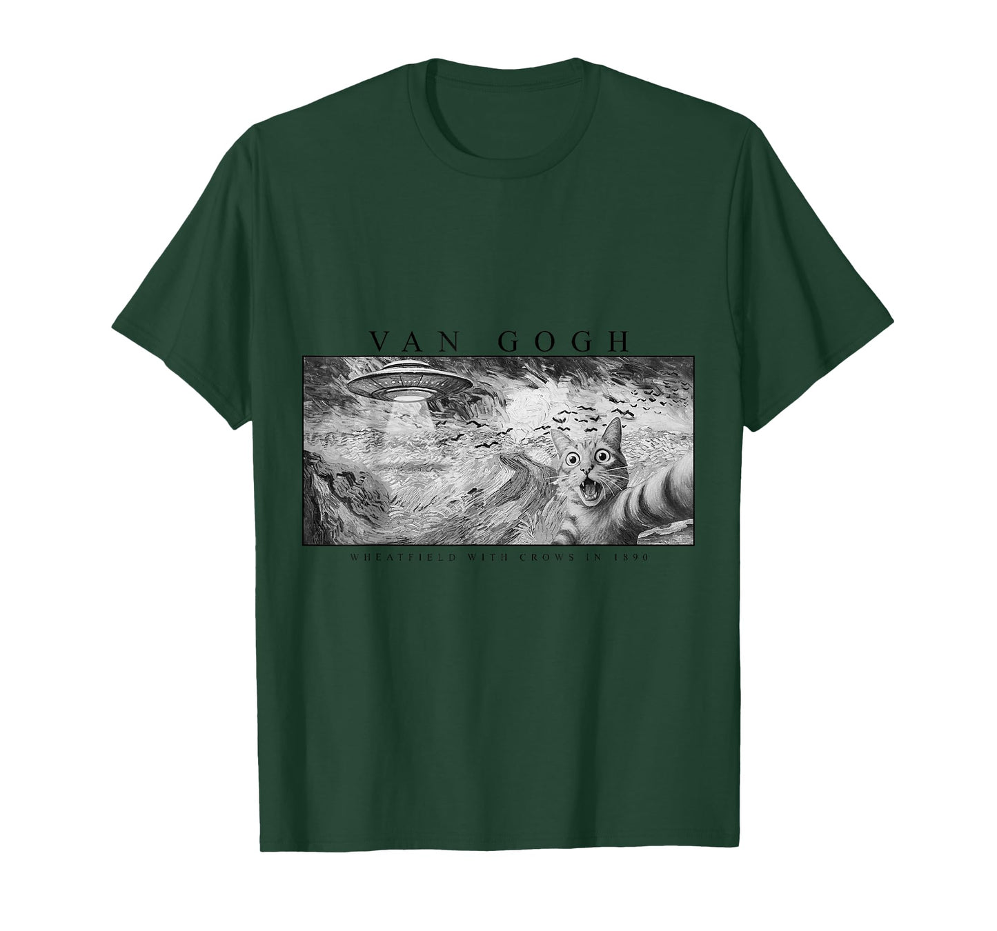 Funny Cat, Van Gogh Cat Selfie with Alien UFO in Wheatfield T-Shirt