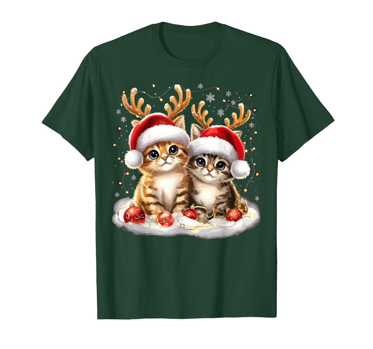Cat Christmas Light Reindeer Santa T-Shirt