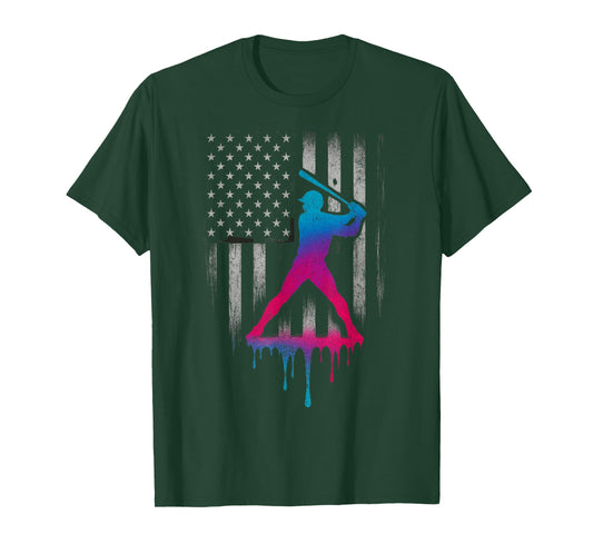 American USA Flag Baseball 101 Ice Cream Baseball Drip T-Shirt