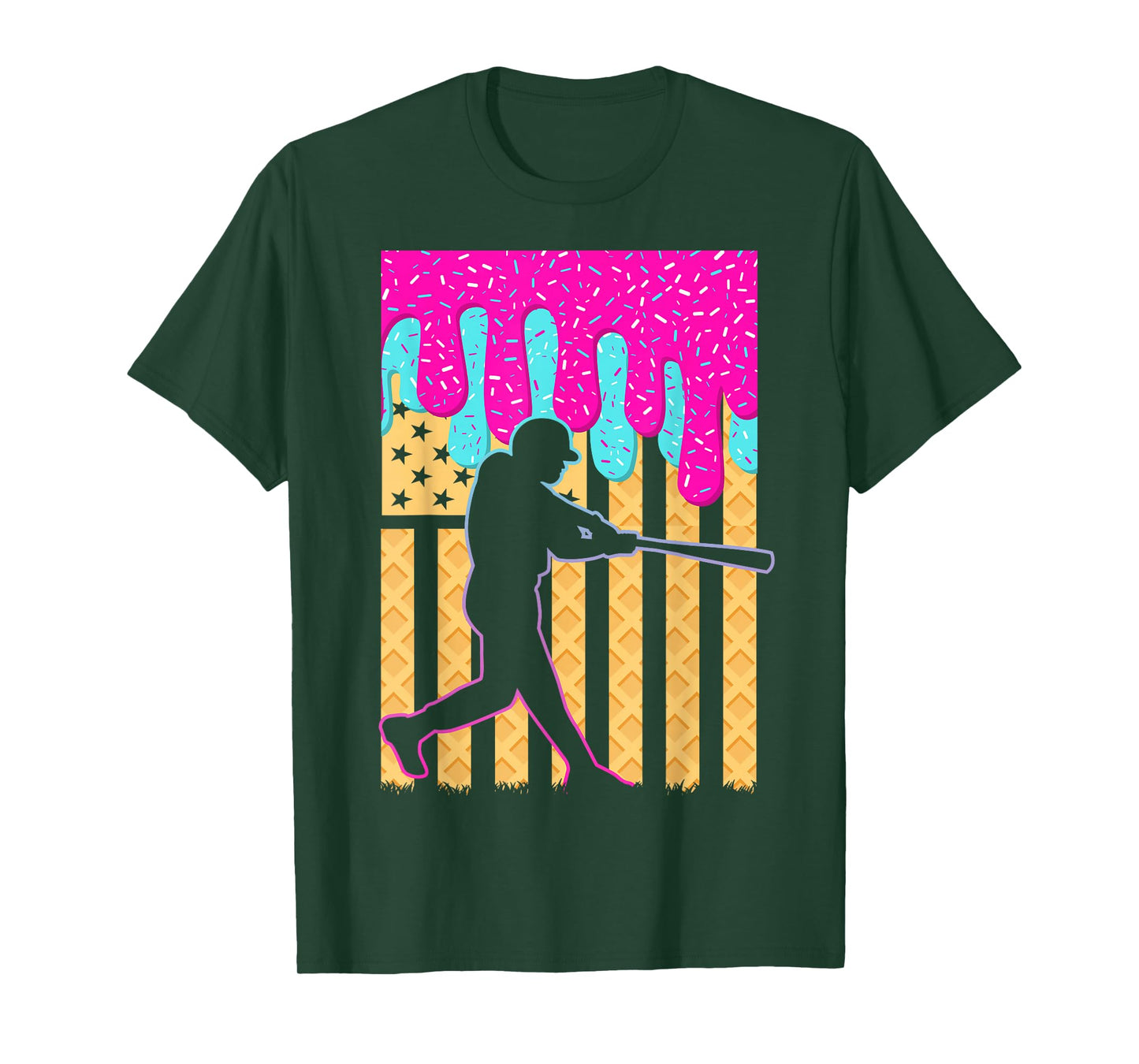Baseball Drip Bat Boys Ice Cream American Flag 4th of July T-Shirt