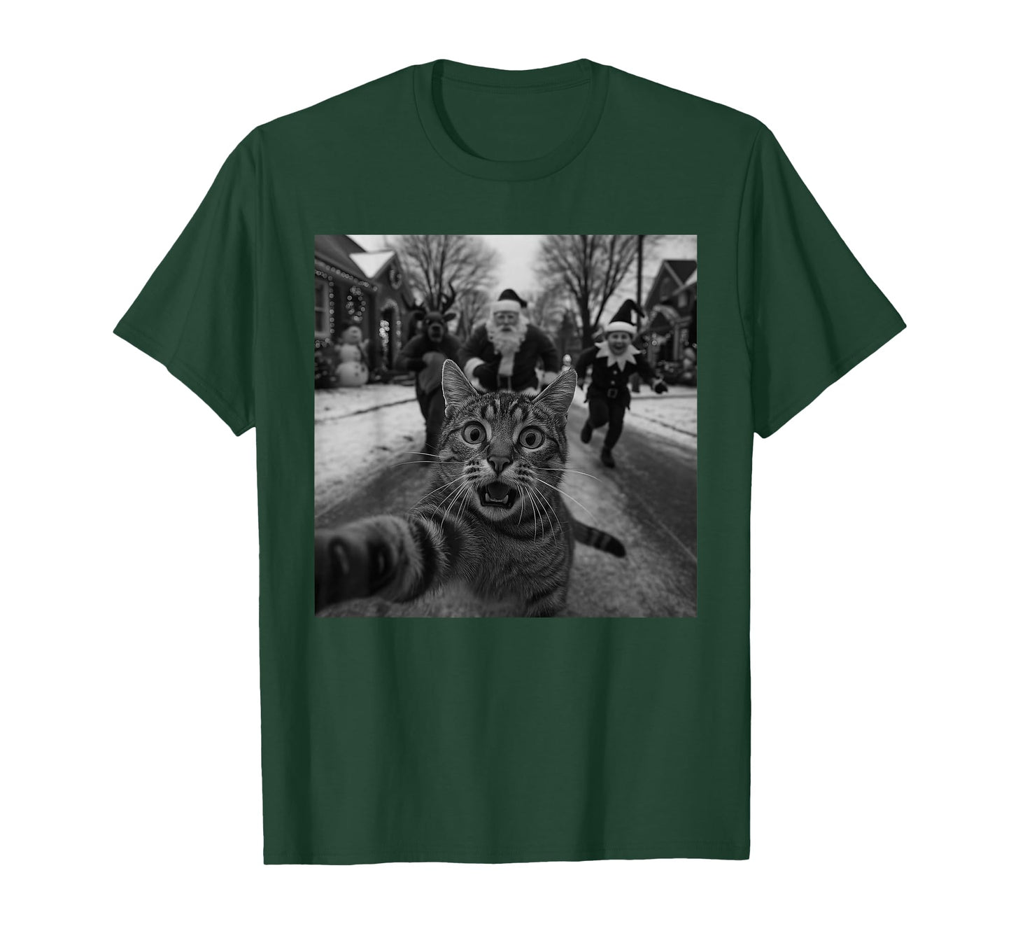 Funny Christmas Surprised Scared Cat Selfie Deer Santa Elf T-Shirt
