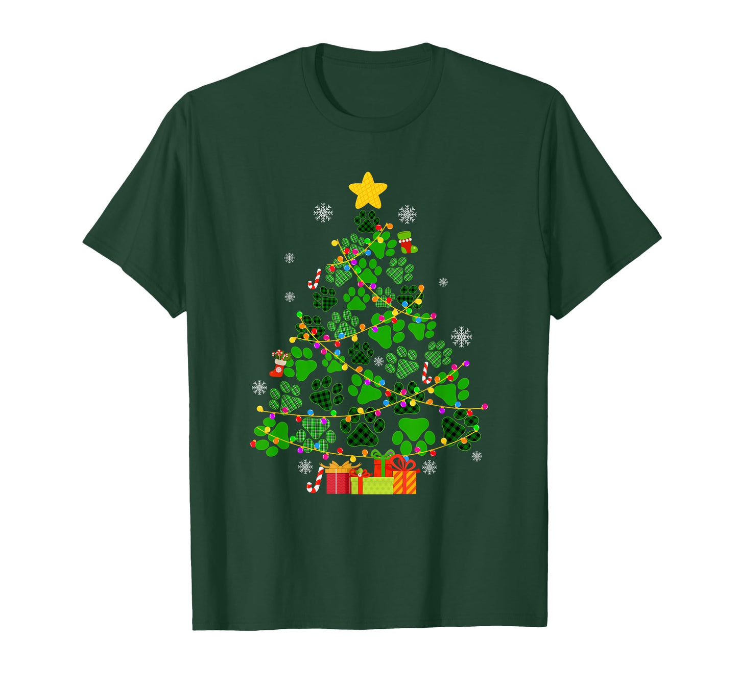 Funny Dog Cat Paws Christmas Tree Xmas Lights Animal Lovers T-Shirt