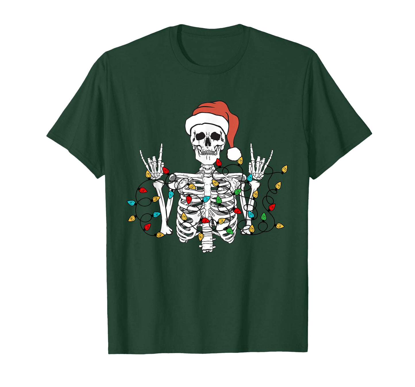 Christmas Skeleton Rocker Wrapped in Xmas Lights Santa Hat T-Shirt