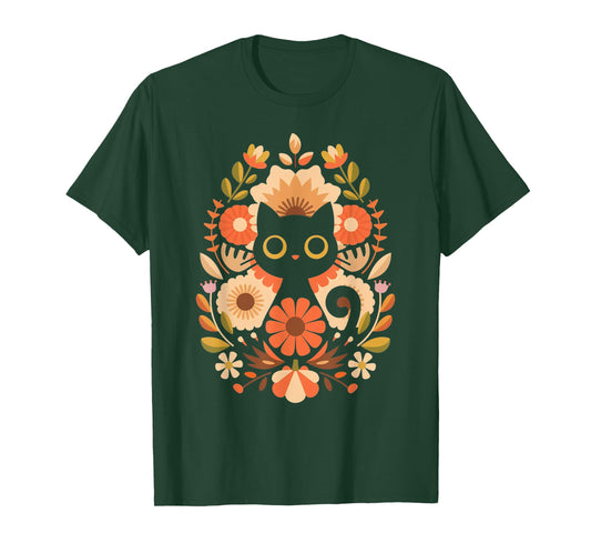 Cute Black Cat Floral Botanical Flowers Kitten Love T-Shirt