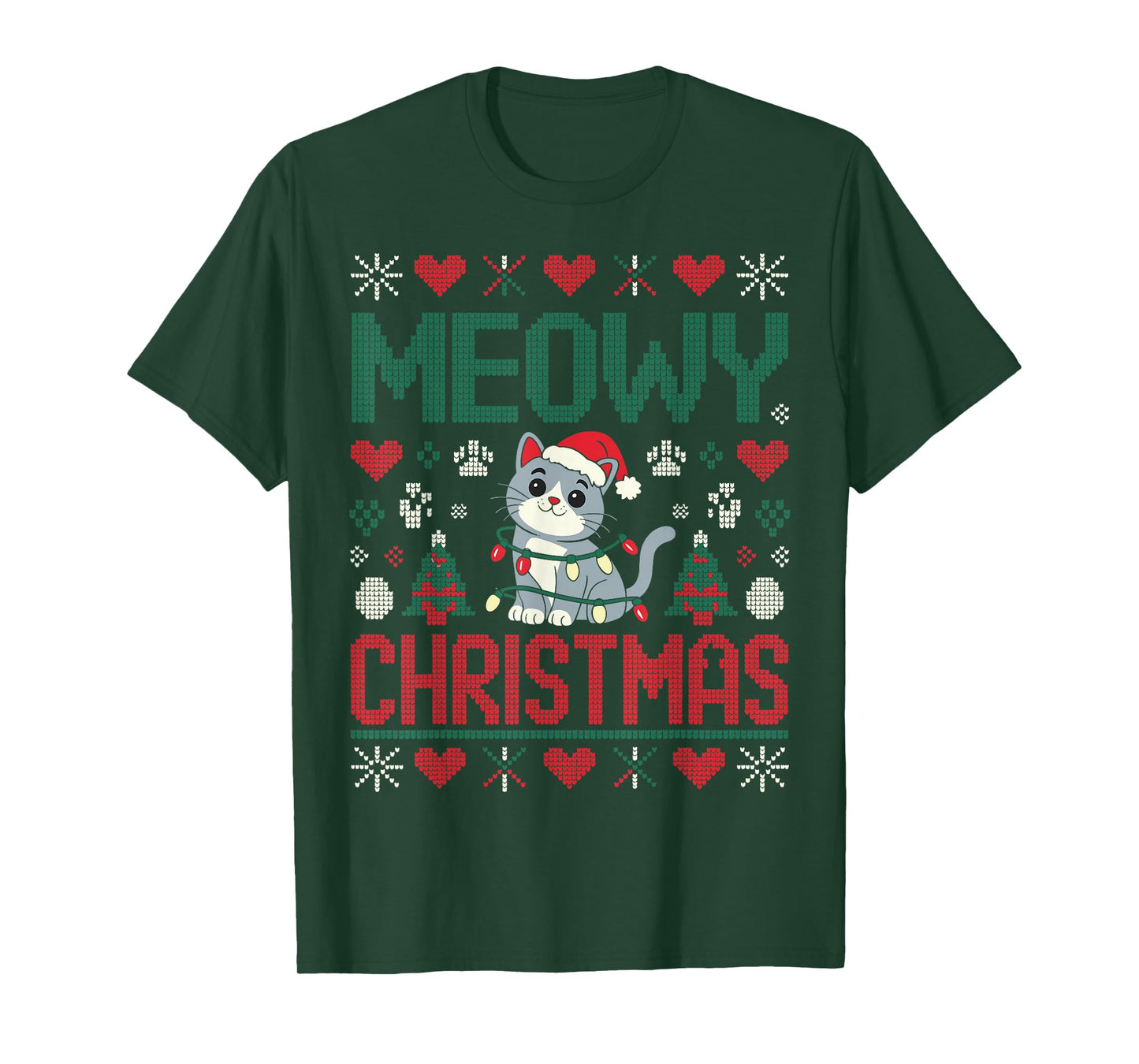 Funny Meowy Christmas Ugly Xmas Cute Lights CAT Santa Family T-Shirt